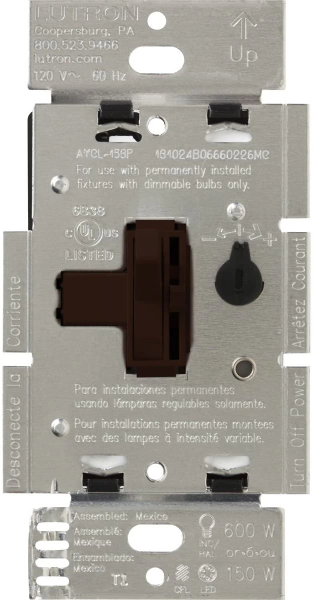 Ariadni LED+ Dimmer, LED, Incandescent/Halogen, 3-way/single-pole, 150W LED or 600W inc/hal clamshell packaging in brown