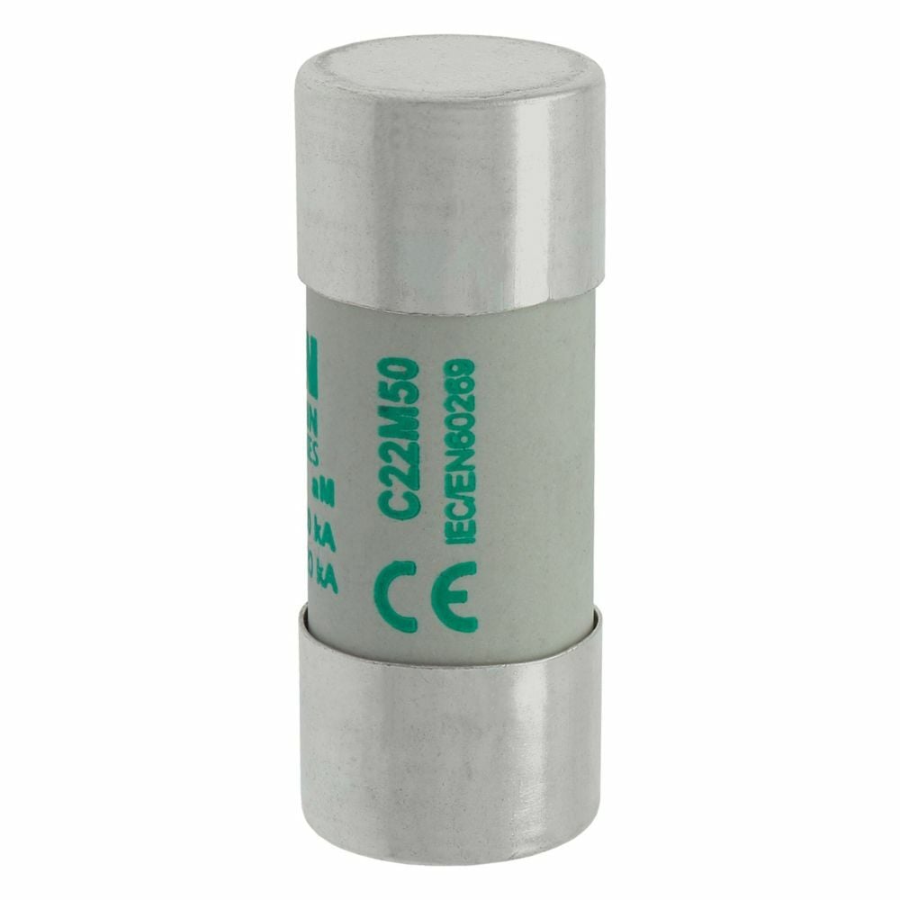 Eaton Bussmann series low voltage 22 x 58 mm cylindrical/ferrule fuse, rated at 690 Volts AC, 50 Amps, 80 kA Breaking capacity, class aM, without indicator, compatible with a CH22 Modular fuse holder