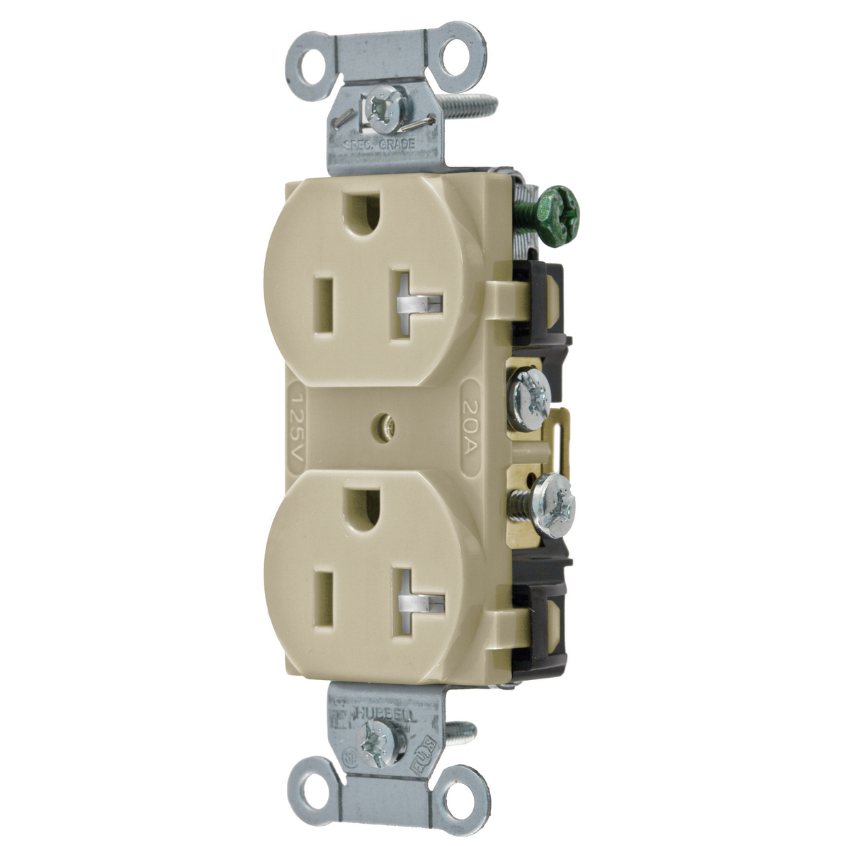 Straight Blade Devices, Receptacles, Tamper-Resistant Duplex, Commercial Grade, 2-Pole 3-Wire Grounding, 20A 125V, 5-20R, Ivory, Single Pack.