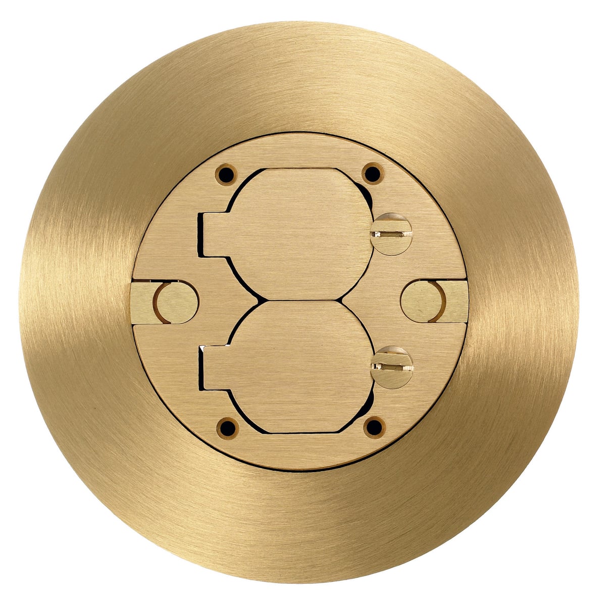 Flush Concrete Floor Box Series, 1-Gang Cover/Carpet Flange, Round, Duplex Flaps, Mulit-Service, Brass