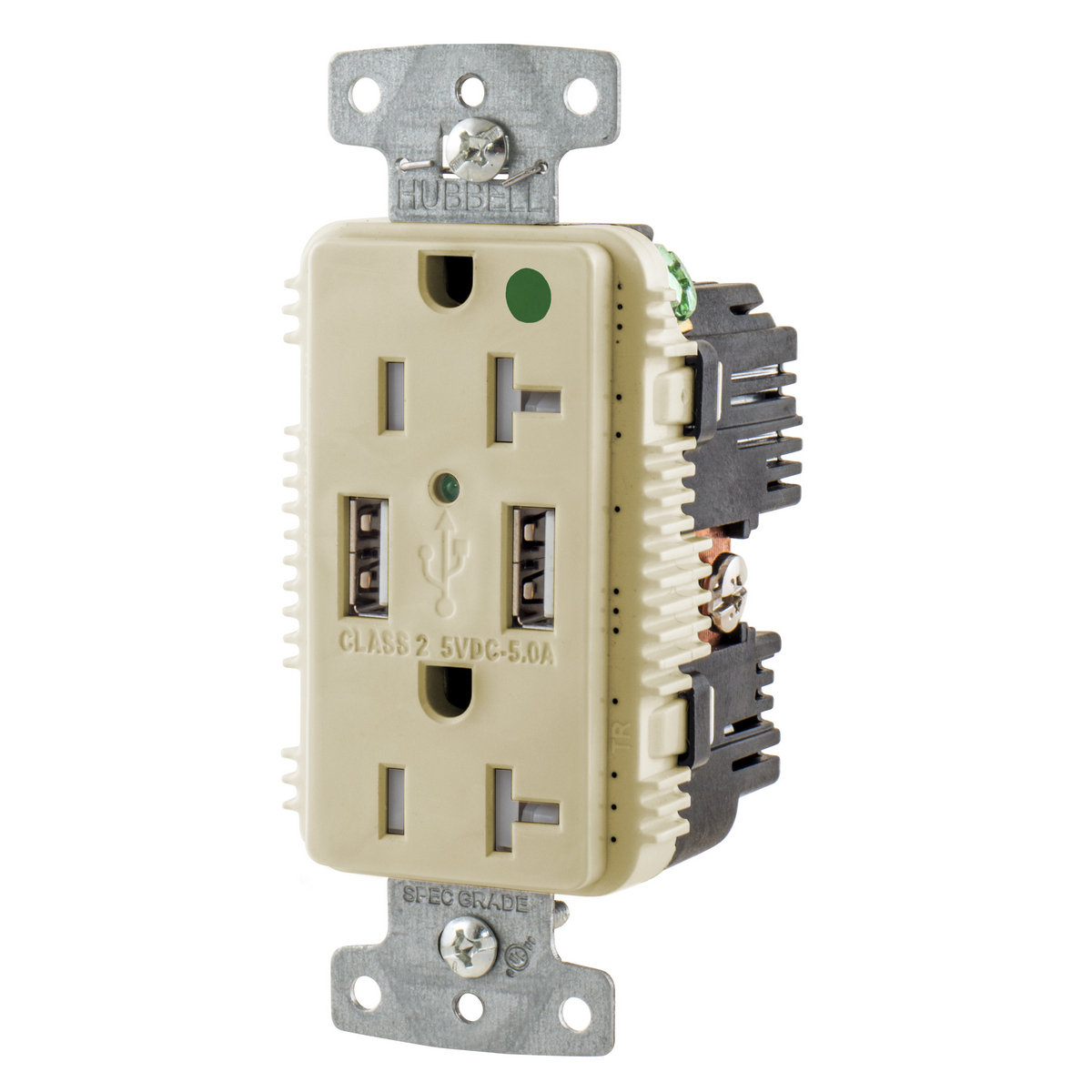 USB Charger Duplex Receptacle, HospitalGrade, 20A 125V, 2-Pole 3-Wire Grounding, 5-20R, 2) 5A "A" USB Ports,Ivory