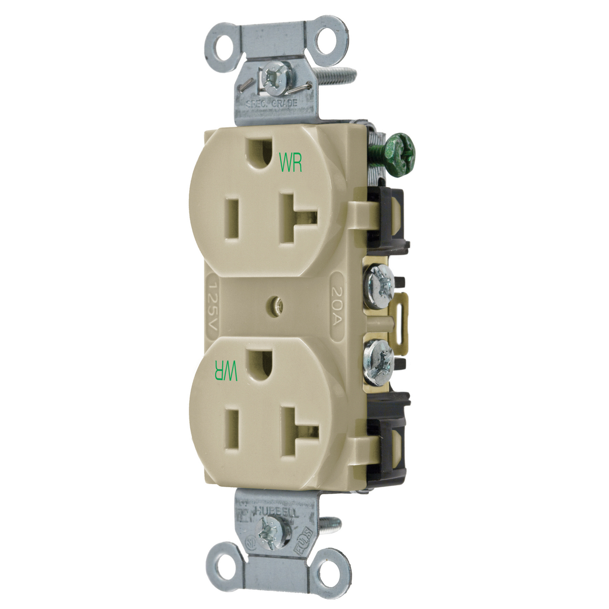 Straight Blade Devices, Receptacles, Weather-Resistant Duplex, Commercial/Industrial Grade, 2-Pole 3-Wire Grounding, 20A 125V, 5- 20R, Ivory, Single Pack.