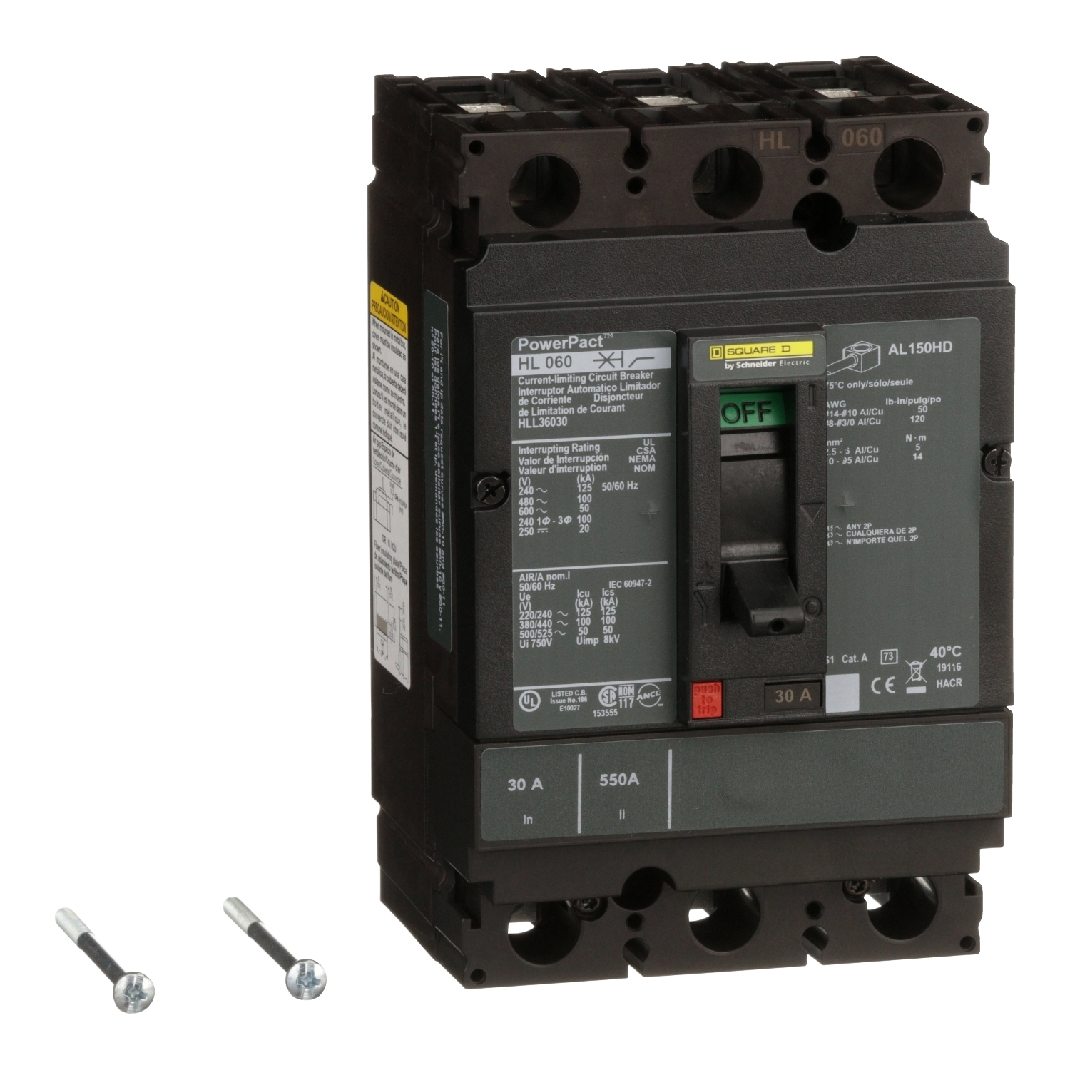 Circuit breaker, PowerPacT H, 30A, 3 pole, 600VAC, 50kA, lugs, thermal magnetic, 80%