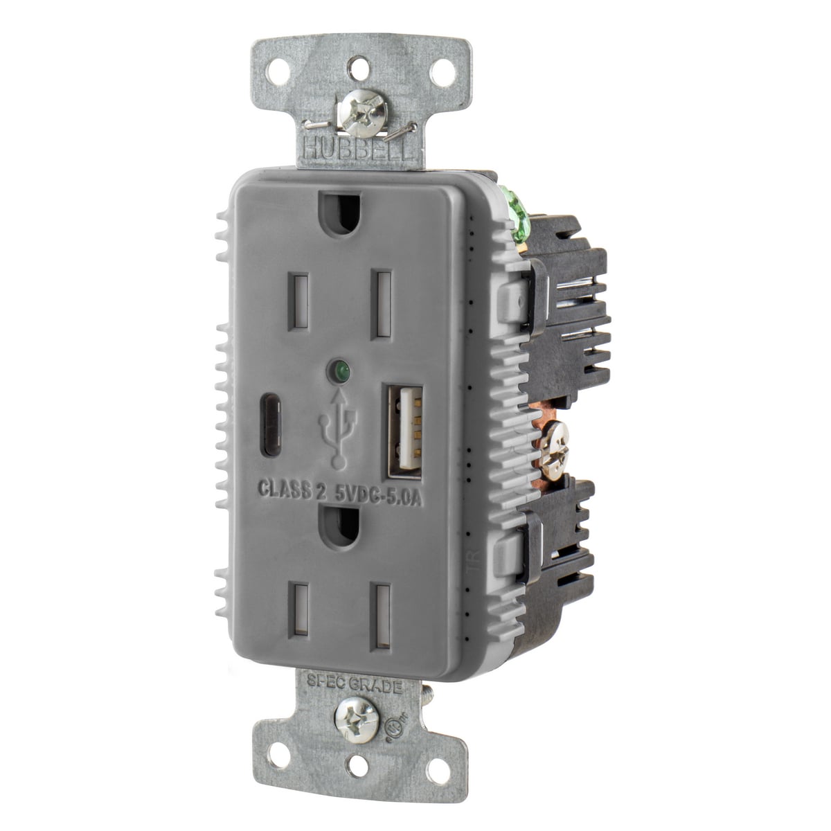 USB Charger Duplex Receptacle, 15A 125V,2-Pole 3-Wire Grounding, 5-15R, 1) 5A "C" USB and "A" Ports, Gray