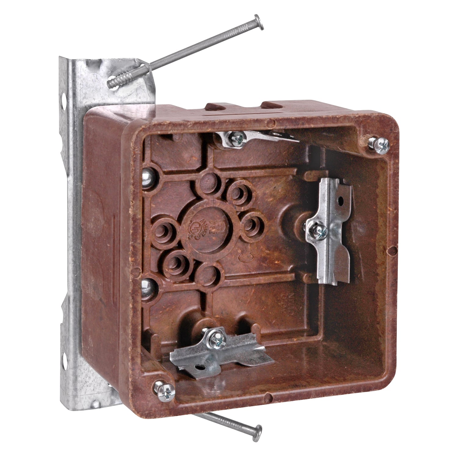 Square Nail-On Bracket Outlet Box, Volume 30 Cubic Inches, Length 4-1/4 Inches, Width 4-1/4 Inches, Depth 2-3/8 Inches, Color Brown, Material Phenolic, Mounting Means N Bracket, with High Clamps