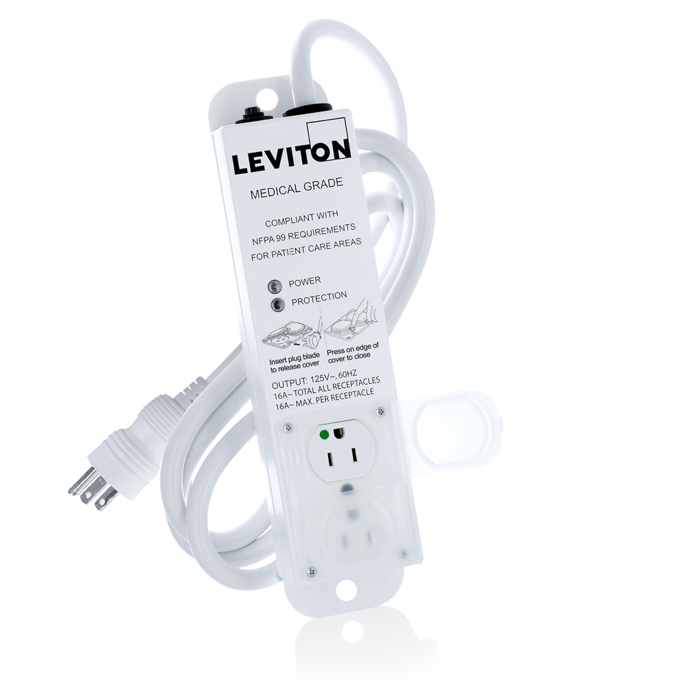 Medical Grade Power Strip, Surge-Protected, 12A-125VAC With 2 Nema 5-15r Outlets With Locking Covers, 7-ft Power Cord With Right-Angle Nema 5-15p Plug-White