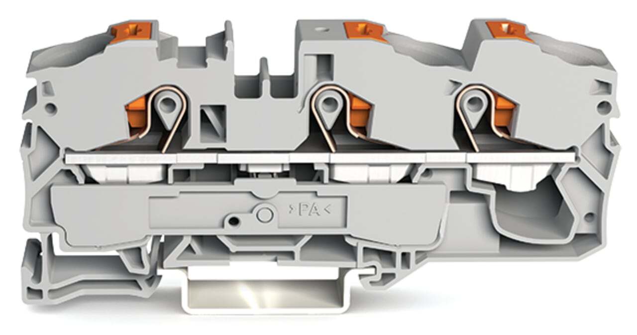 3-conductor through terminal block; with push-button; 16 mm; with test port; side and center marking; for DIN-rail 35 x 15 and 35 x 7.5; Push-in CAGE CLAMP; 16,00 mm; gray