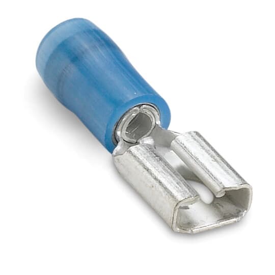 Nylon Insulated Female Disconnect, Length .91 Inches, Width .29 Inches, Maximum Insulation .162, Tab Size .250x.032, Wire Range #16-#14, Color Blue, Copper, Tin Plated, On Mylar Tape, 1,000 Pack
