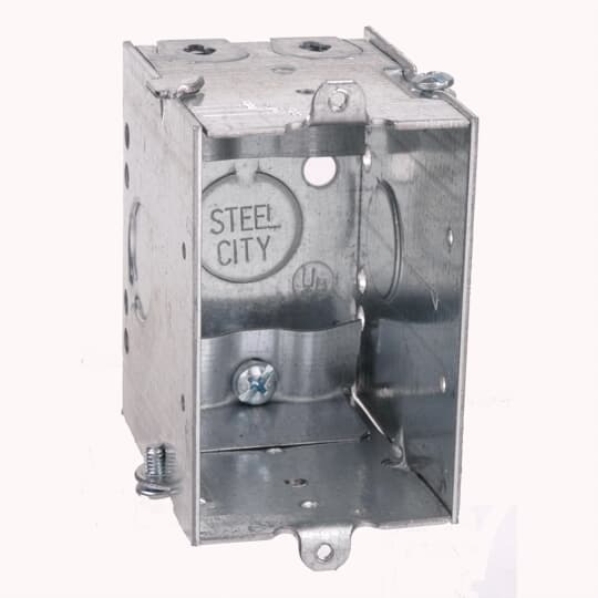 Gangable Switch Box, 14 Cubic Inches, 3 Inches Long x 2 Inches Wide x 2-3/4 Inches Deep, 1/2 Inch Knockouts, Pre-Galvanized Steel, Non-Metallic Cable Clamps (C-5), For use with Non-Metallic Sheathed Cable