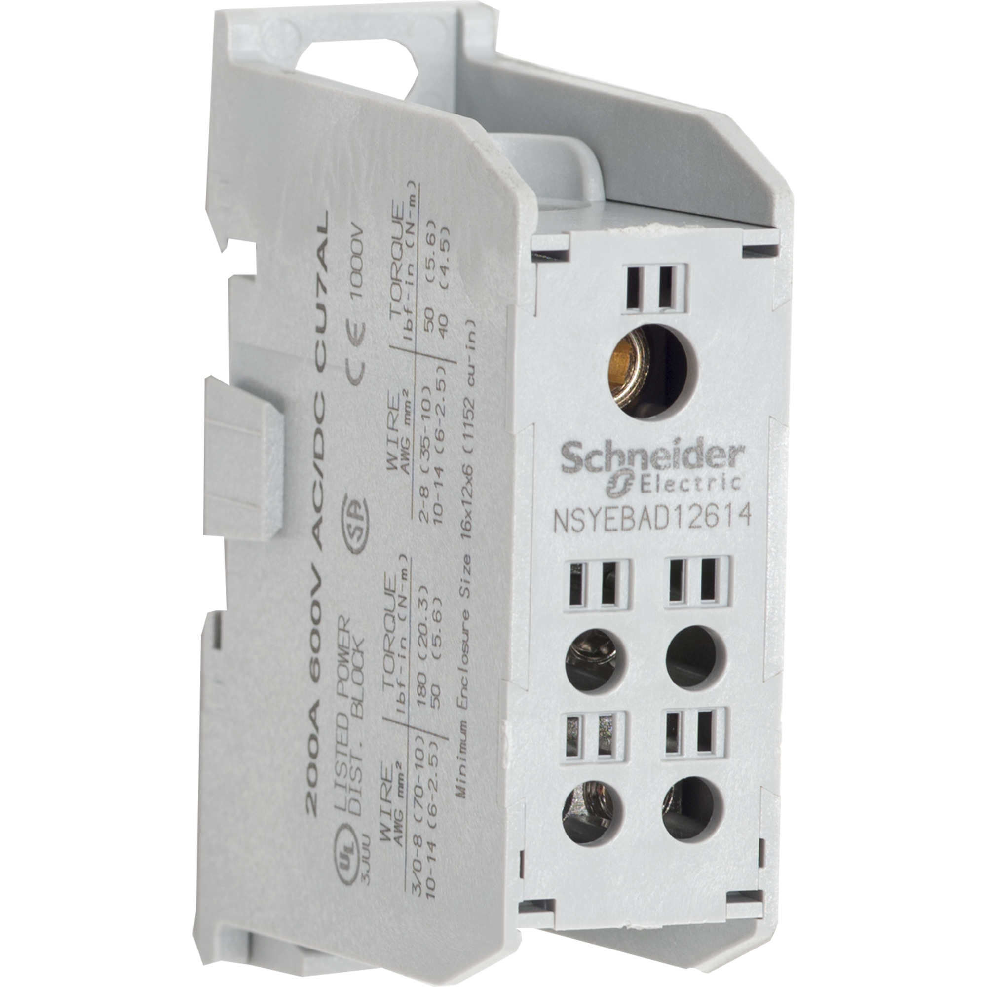 Power distribution block, Linergy, enclosed, 200A CU, 155A AL, 600 V, 1 line side lug, 4 load side lug, AL lug, panel
