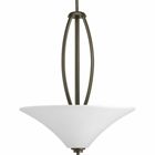 Gleeful simplicity defines this three-light inverted pendant from the Joy Collection. Refreshing and fashionable arcing forms of Antique Bronze metal arms enhance the etched white fluted glass. Coordinating fixtures from this collection let you decorate an entire home with confidence and style. Unique stem-hung construction carries the clean line all the way to the ceiling and, for sloped ceilings, six feet of 9 gauge chain is provided to allow the fixture to hang straight and level.
