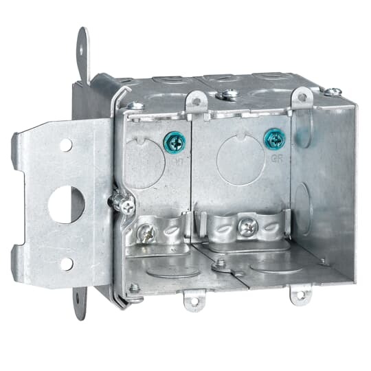 Single Gang Adjustable Wall Box, 38 Cubic Inches, 3.28 Inches Long x 4.01 Inches Wide x 3.52 Inches Deep, 1/2 Inch Knockouts, Pre-Galvanized Steel, For use with 4 Inch Square Boxes