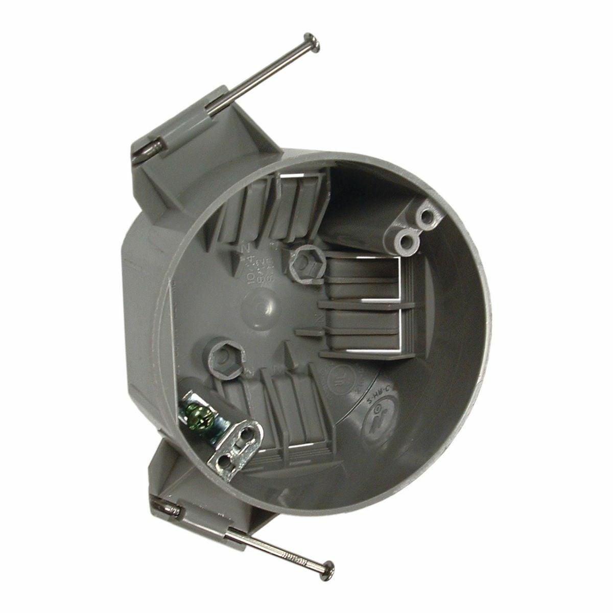 4 In. Round Ceiling Boxes - With Captive Nails for NonmetallicSheathedCable, 2-3/8 In. Deep, 20.0 Cu. In., 3/8 In. Setback, Nails,GroundPlate