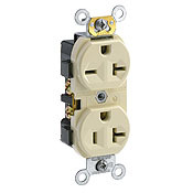 20 Amp, 125/250 Volt, NEMA 5-20R_6-20R, 2P, 3W, Narrow Body Duplex Receptacle, Straight Blade, Commercial Grade, Self Grounding, Dual Voltage, Side Wired, Steel Strap, - Ivory