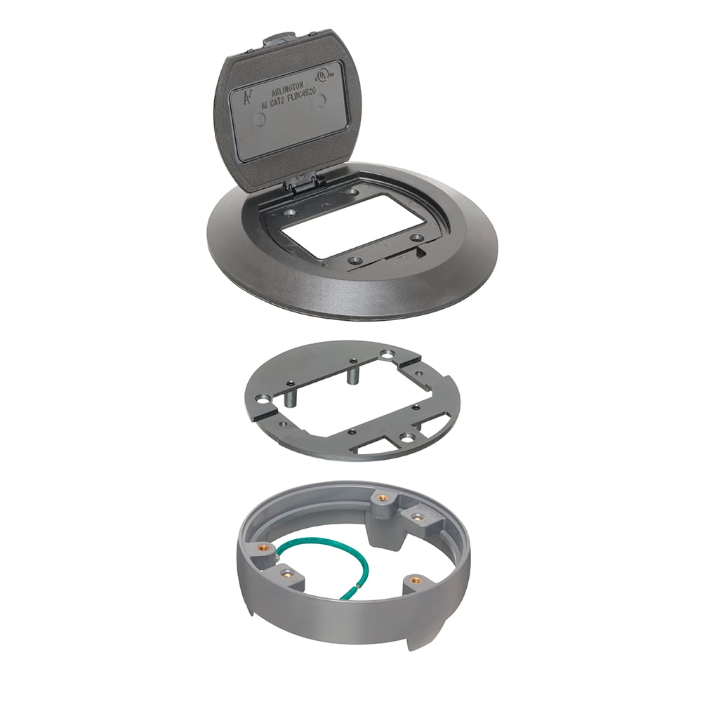 Finish your floorbox installation with Arlington's round non-metallic cover kits with flip lid. The black colored kit fits on Arlington's FLBC4500 box. Includes round plastic gasketed cover, mounting plate and leveling ring.