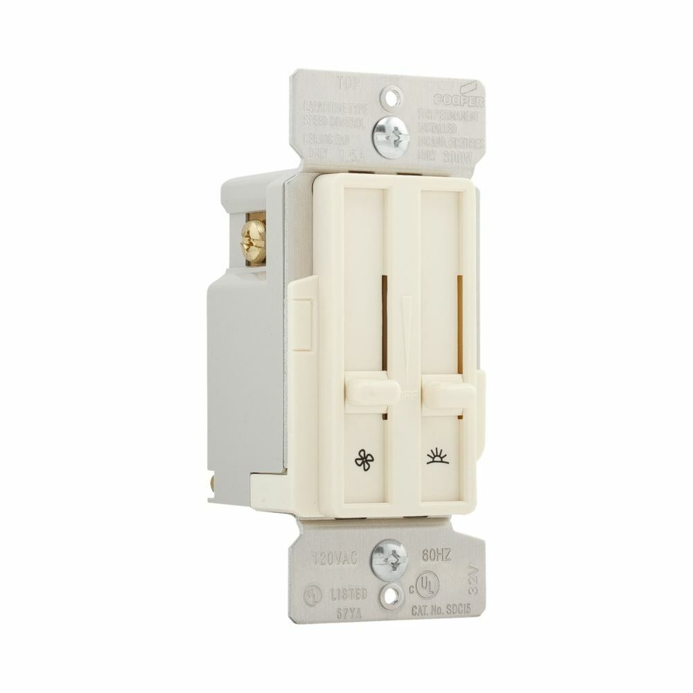 Eaton dimmer and fan speed control, No neutral required, #14 -12 AWG, Flush, 120 Vac, Back and side, Maintained, Almond, 60 Hz, Incandescent, MLV, ELV, Fan, Halogen, Single-pole, Single pole, Single-phase, Polycarbonate, 300W 663222