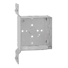 Square Box, 30.3 Cubic Inches, 4 Inch Square x 2-1/8 Inch Deep, 1/2 Inch and 3/4 Inch Eccentric Knockouts, Pre-Galvanized Steel, with Non-Metallic Cable Clamp (C-5) and SC Bracket, For Use with Non-Metallic Sheathed Cable