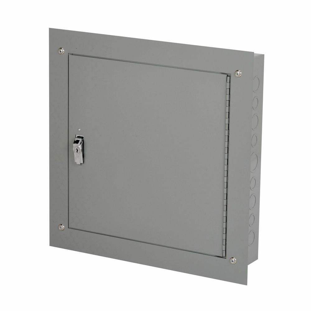 utility enclosures, 12" height, 4" length, 12" width, NEMA 1, Hinged cover, TCF cabinet, Flush mounted, Small single door, Thru holes, Carbon steel