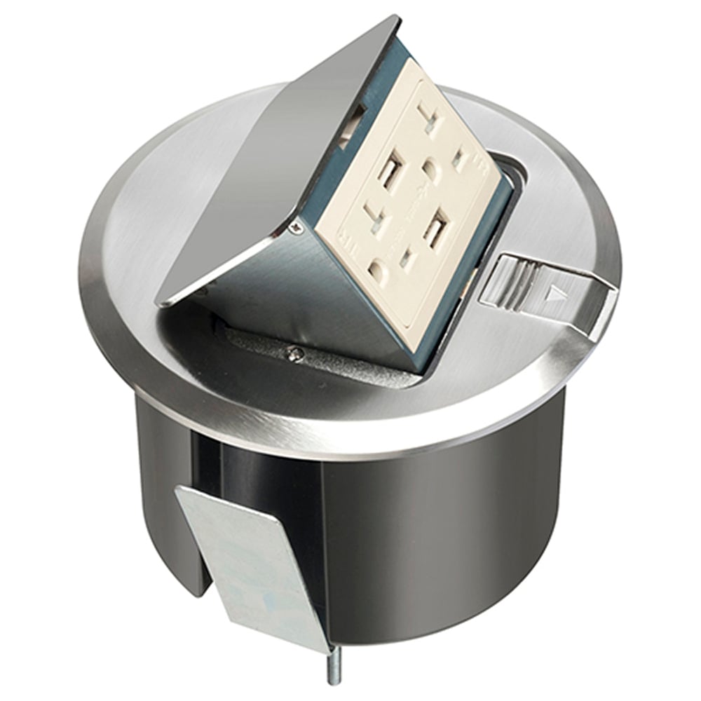 Pop up counter top box kit with round nickel plated cover. With Round plastic box. Comes with 20 amp decorator style tamper resistant receptacle with (2) USB ports.
