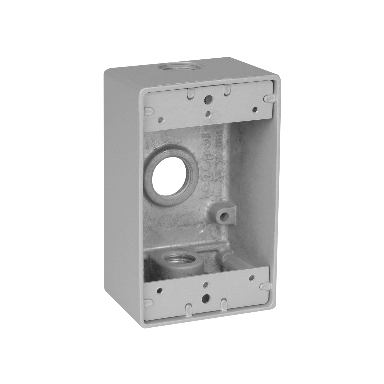 Single Gang Universal Weatherproof Box, 17.3 Cubic Inches, Hub Size 3/4 Inch, Silver, Aluminum, 3 Outlets, One on Top, Bottom, and Back, Pack of 50