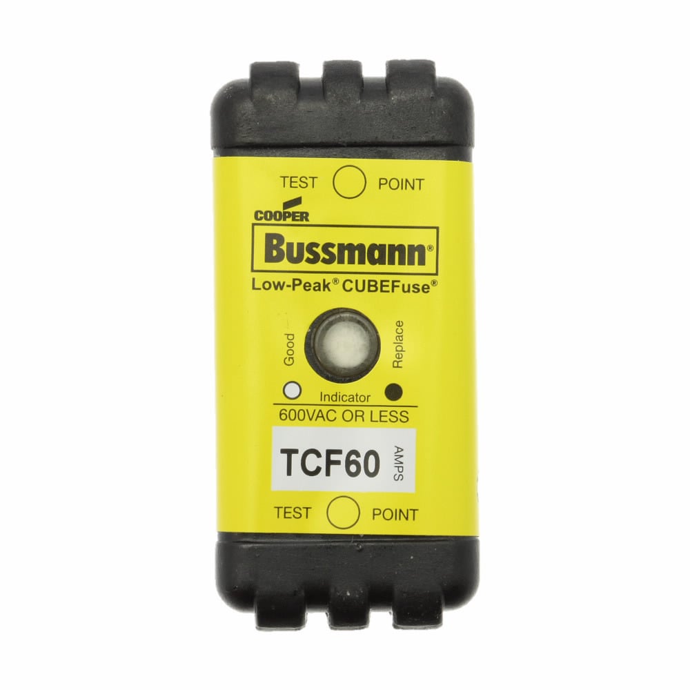 Eaton Bussmann series TCF fuse, Finger safe, 600 Vac/300 Vdc, 60A, 300 kAIC at 600 Vac, 100 kAIC at 300 Vdc, Indicating, Time delay, inrush current withstand, Class CF, CUBEFuse, Glass filled PES