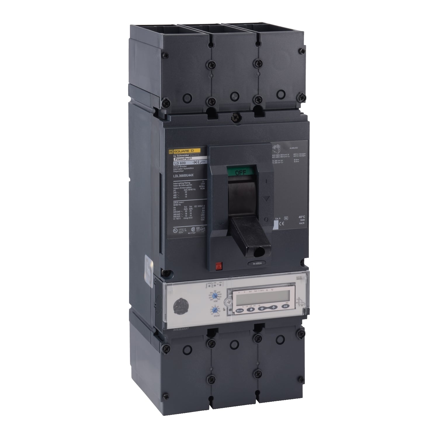 Circuit breaker, PowerPacT L, 600A, 3 pole, 600VAC, 14kA, lugs, Micrologic 6.3A, 80%