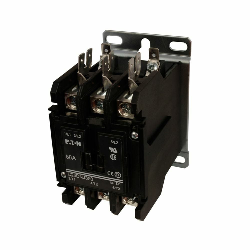 Eaton definite purpose contactor, DIN rail mounting adapter, Quick, 50A, Quick connect (vertical in-line), 24 Vdc, Open with DIN rail mounting adapter, 15-50A, 2P and 3P, 50A, Contactor, 2P, Global listed, D1, Box lugs (posidrive setscrew),