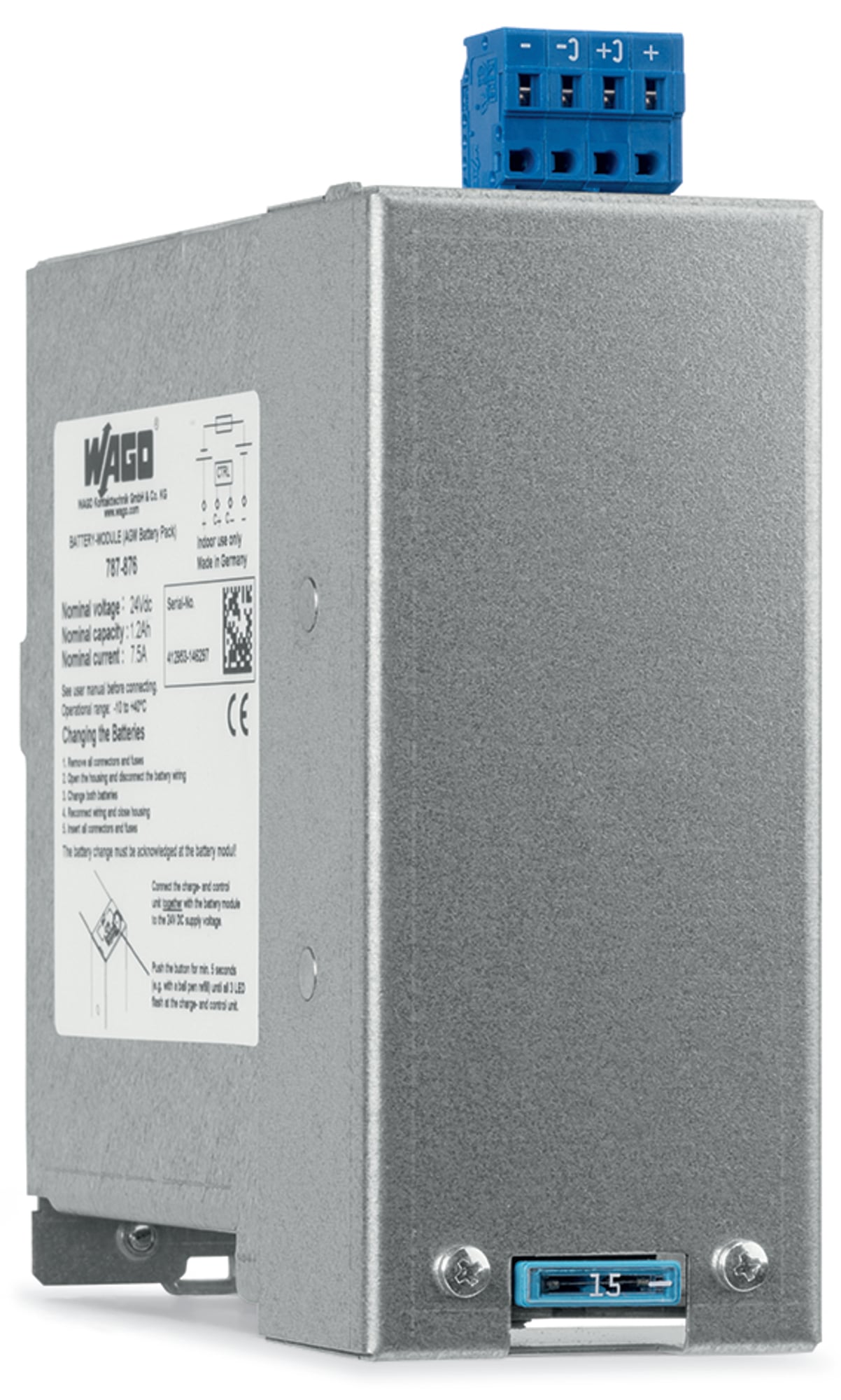 Lead-acid AGM battery module; 24 VDC input voltage; 7.5 A output current; 1.2 Ah capacity; with battery control