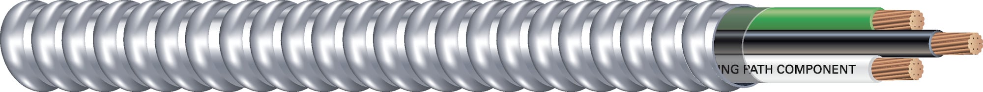 Southwire Armorlite Type MC Cable is constructed with soft-drawn copper  Type THHN/THWN-2 conductors rated 90C dry  and a bare copper grounding conductor for sizes 1/0 AWG and larger. The conductors are cabled together and a binder tape bearing the print legend is wrapped around the assembly. Aluminum interlocking armor is applied over the assembly. Also available in steel. Conductors are black with phase identification. Colors available upon request with economic order quantity.