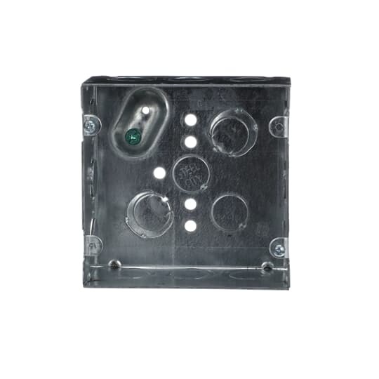Square Box, 42 Cubic Inches, 4-11/16 Inches Square x 2-1/8 Inches Deep, 1/2 Inch and 3/4 Inch Eccentric Knockouts, Pre-Galvanized Steel, Welded Construction, Suitable for use without a Bonding Jumper in Circuits Above or Below 250 Volts, For use with Conduit