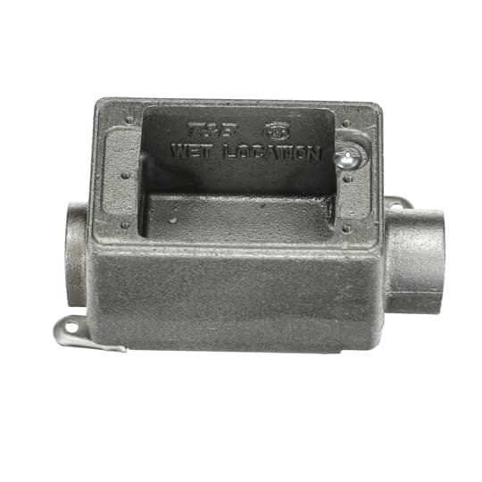 Single Gang FDC Box, Cubic Inches 22.5, Length 4-5/16 Inches, Width 2-13/16 Inches, Depth 2-5/8 Inches, Hub Size 3/4 Inch, Aluminum, 2 Outlets and 2 Lugs