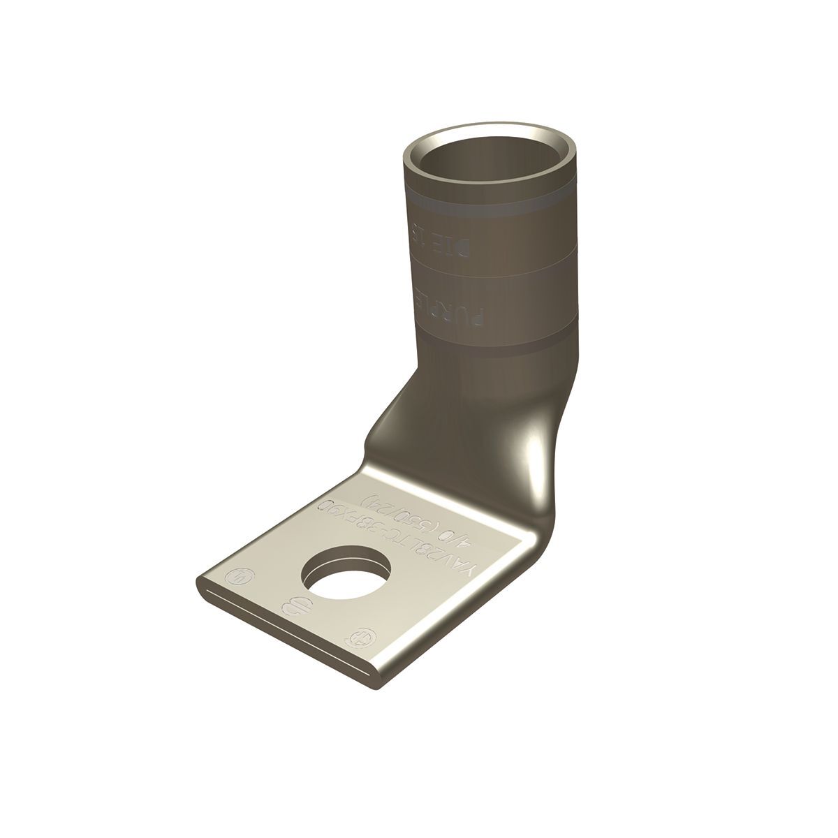 Copper Compression Lug, 1 Hole w/ Inspection Window, 2 Flex, 3/8" Stud, 90 Deg Bent, Short Barrel, Tin Plated.