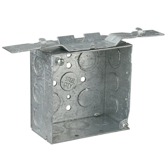 Square Box, 30.3 Cubic Inches, 4 Inch Square x 2-1/8 Inch Deep, 1/2 Inch and 3/4 Inch Eccentric Knockouts, Pre-Galvanized Steel, SV Bracket Mounted Flush, For use with Conduit