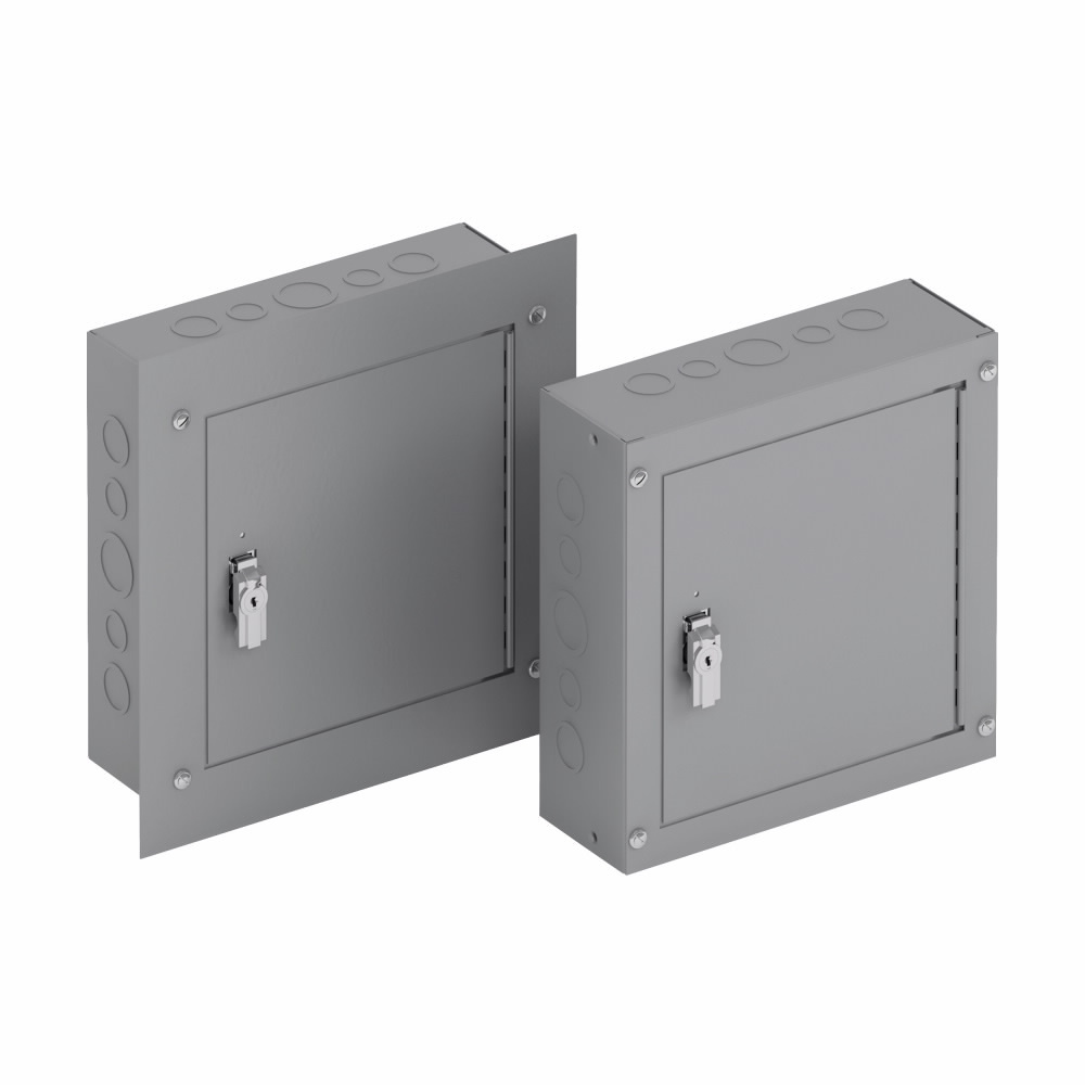 utility enclosures, 18" height, 6" length, 18" width, NEMA 1, Hinged cover, TCF cabinet, Flush mounted, Medium single door, Thru holes, Carbon steel