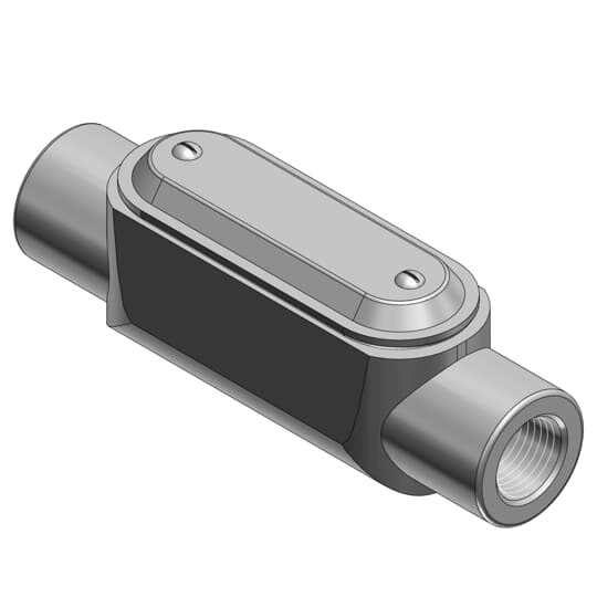 1 Inch BlueKote Thru-Feed Form 7 Pre-Assembled Conduit Body, Cover and Gasket, Body Material Gray Iron/Zinc Plating and Baked On Epoxy Powder Coat with BlueKote Internal Coating, Cover Material and Finish Stamped Steel/Zinc Plating