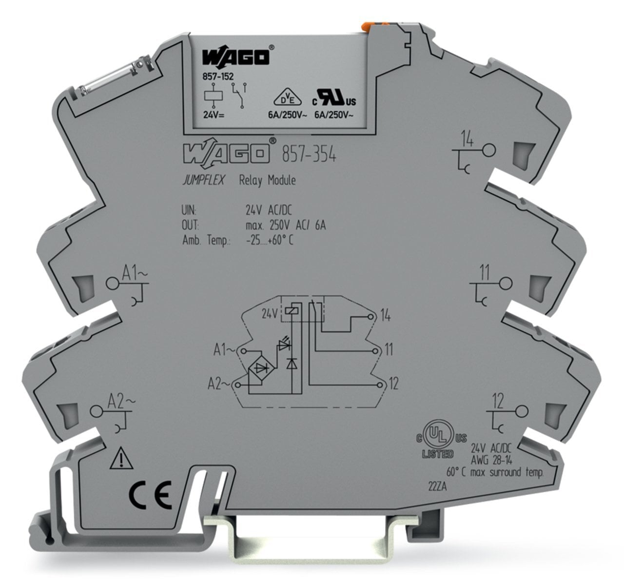 Relay module; Nominal input voltage: 24 V AC/DC; 1 changeover contact; Limiting continuous current: 6 A; Yellow status indicator; Module width: 6 mm