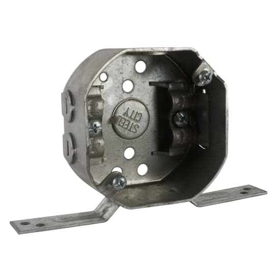 Octagon Box, 11.8 Cubic Inches, 3-1/2 Inch Diameter, 1-1/2 Inch Deep, Drawn construction with 1/2 inch knockouts, Pre-Galvanized Steel, Non-Metallic Cable Clamp (C-5) and V-Bracket Recessed 1/2 Inch