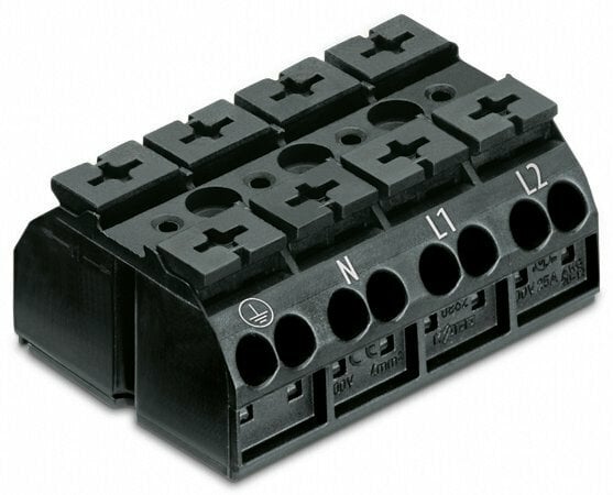 4-conductor chassis-mount terminal strip; 4-pole; PE-N-L1-L2; without ground contact; for 3 mm ø screw and nut; 4 mm²; 4,00 mm²; black
