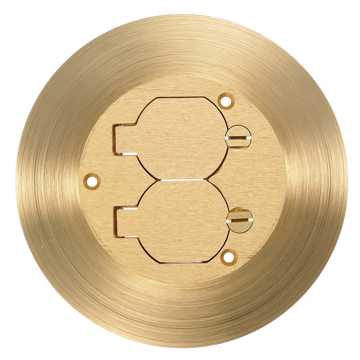 Flush Concrete Floor Box Series, 1-Gang One Piece Cover/Carpet Flange, Round, Duplex Flaps, Brass