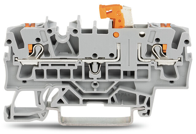 2-conductor disconnect/test terminal block; with push-button; with test option; orange disconnect link; for DIN-rail 35 x 15 and 35 x 7.5; 2.5 mm; Push-in CAGE CLAMP; 2,50 mm; gray