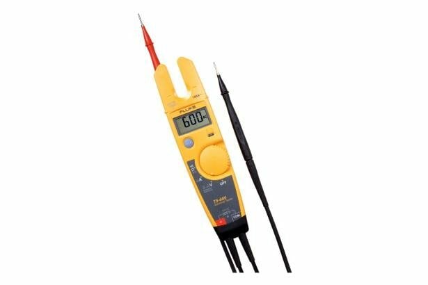 Electrical tester with OpenJaw Current, 600 V and 4 mm detachable probes. The Fluke T5 Electrical Testers let you check voltage, continuity and current with one compact tool. With the T5, all you have to do is select volts, ohms, or current and the tester does the rest. OpenJaw current lets you check current up to 100A - without breaking the circuit. Its tough test leads stow neatly in the back of the tester, making it easy to tote the T5 in your tool pouch. Detachable SlimReach test probes are customized for national electrical standards. The test leads accept optional accessories such as clips and specialty probes. The optional H5 holster lets you clip the T5 onto your belt.