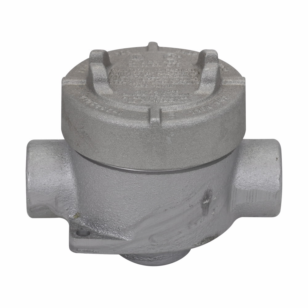 Eaton Crouse-Hinds series Condulet EAJ conduit outlet box with cover, 3-3/16" cover opening diameter, Feraloy iron alloy, D shape, 3/4"