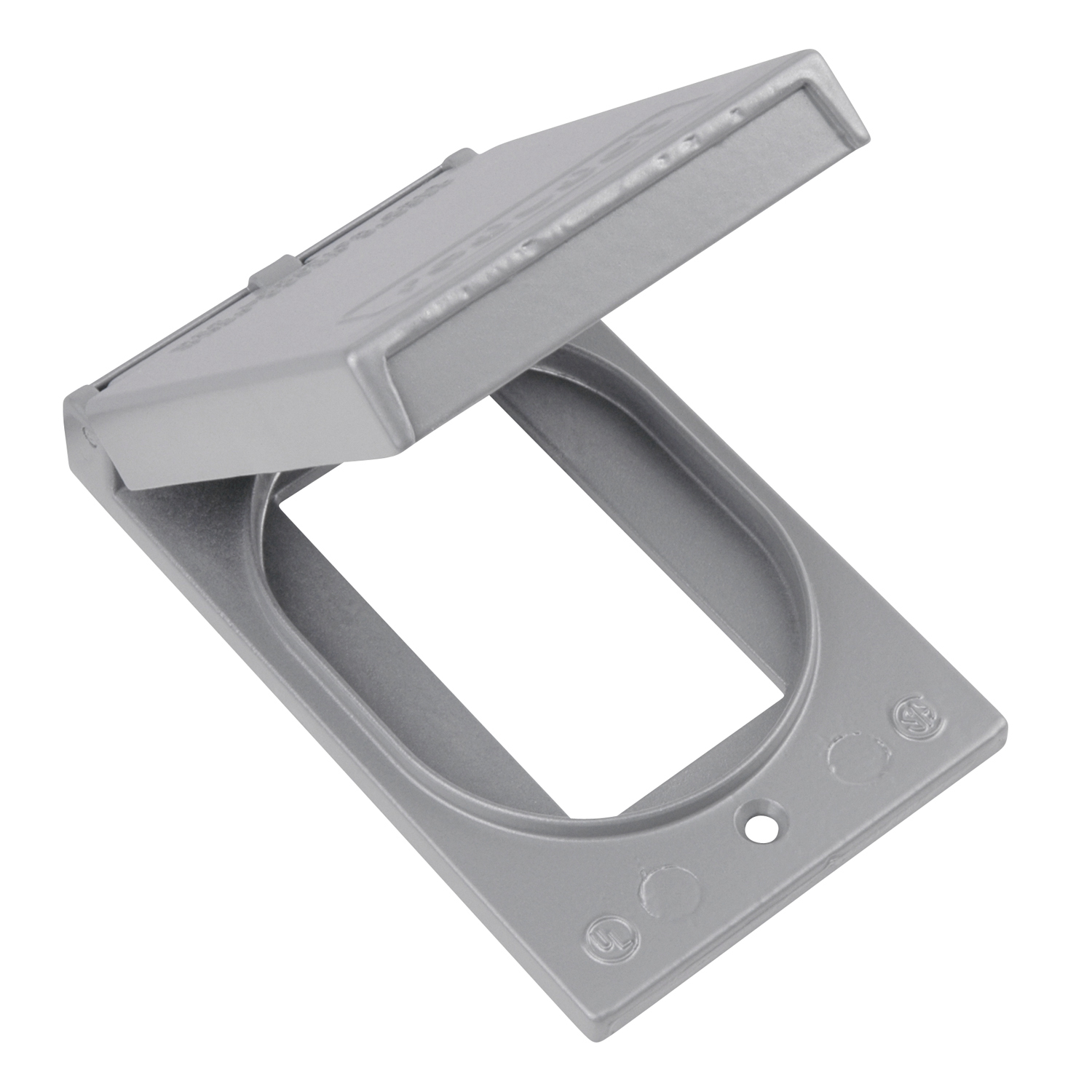 1 Gang Device Box Cover, Die Cast Aluminum, GFCI Receptacle Vertical, Device Mount, Rectangular Opeing 2-21/32 Inch x 1-11/32 Inch, Raintight When Used with Appropriate Box, Gasket and Screws Included with Cover