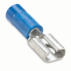 Vinyl-Insulated Female Disconnect, Length .85 Inches, Width .23 Inches, Maximum Insulation .170, Tab Size .187x.020 Wire Range #16-#14 AWG, Color Blue, Brass, Tin Plated