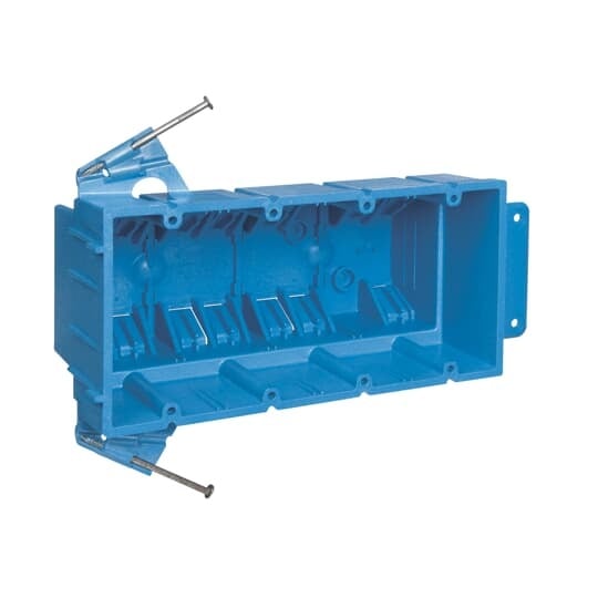 Four-Gang New Work Outlet Box, Volume 64 Cubic Inches, Length 3.53 Inches, Width 7.46 Inches, Depth 3.18 Inches, Color Blue, Material PVC, Mounting Means Nails