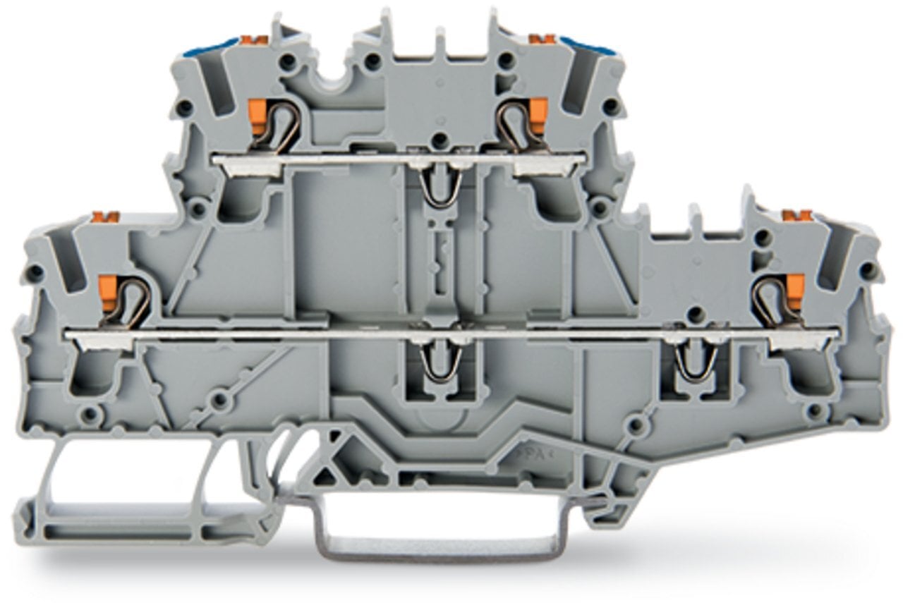 Double-deck terminal block; with push-button; Through/through terminal block; L/N; without marker carrier; suitable for Ex e II applications; Blue conductor entry upper deck; for DIN-rail 35 x 15 and 35 x 7.5; 2.5 mm; Push-in CAGE CLAMP; 2,50 mm; gray