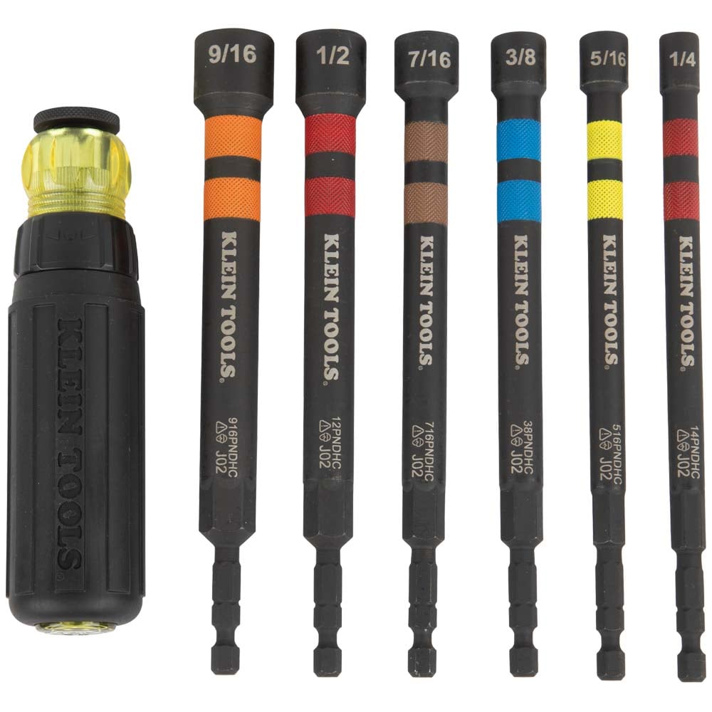 Klein Tools' Hollow Magnetic Color-Coded Power Nut Drivers are designed with the professional in mind. Each power nut driver is made of high-grade impact steel and is color coded for easy identification. The nut drivers contain Rare-Earth magnets to securely hold fasteners, and are also extra long for reach into recessed areas. Cushion-Grip, ratcheting handle provides outstanding comfort and control.