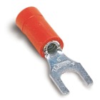 Vinyl-Insulated Fork Terminal, Length .94 Inches, Width .25 Inches, Maximum Insulation .150, Bolt Hole #6, Wire Range #22-#18 AWG, Color Red, Copper, Tin Plated