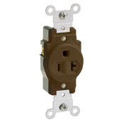 20 Amp, 125 Volt, NEMA 5-20R, 2P, 3W, Narrow Body Single Receptacle, Straight Blade, Commercial Grade, Grounding, , , Back & Side Wired, Steel Strap, - Brown