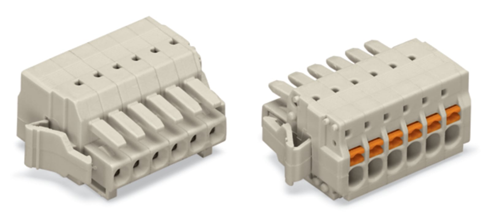 1-conductor female connector; push-button; Push-in CAGE CLAMP; 1.5 mm; Pin spacing 3.5 mm; 6-pole; 100% protected against mismating; Lateral locking  levers; 1,50 mm; light gray